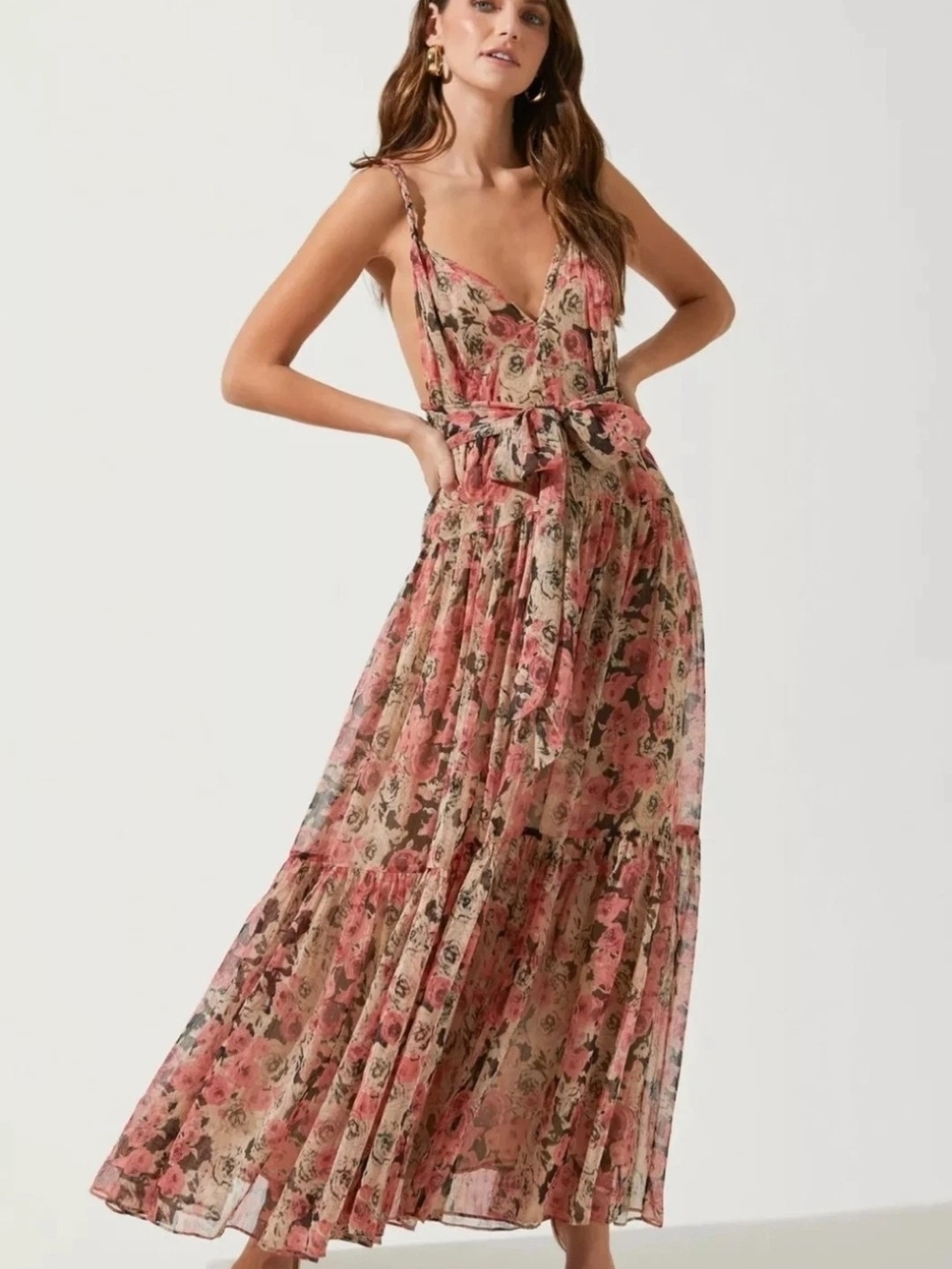 ASTR The Label Eartha Pink Floral Metallic Maxi Dress XS Wrap Tie V-Neck Wedding